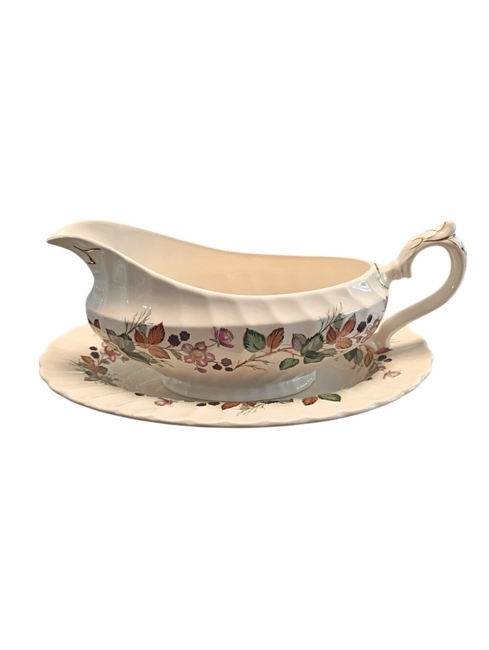 Myott Hedgerow Floral Vintage Gravy Boat & Underplate Set, Ceramic White, 2pc